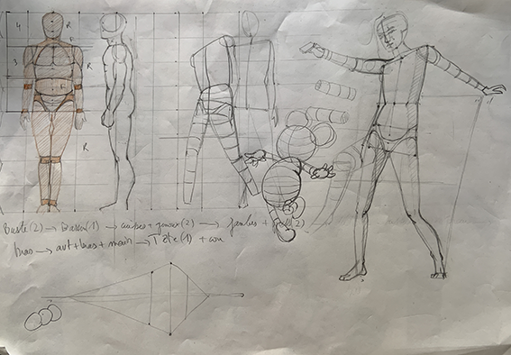 plance de dessin personnage humain de face, profil et mouvement